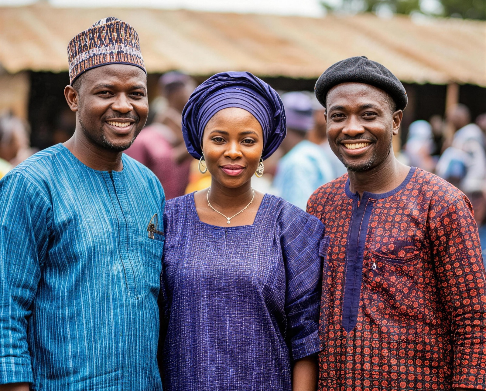 Three people in traditional West African attire smiling together in an outdoor setting.