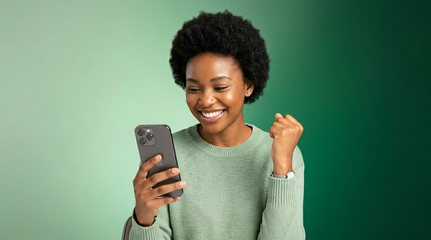 Joyful Nigerian user on green gradient backdrop, looking down at phone with screen hidden—celebrating clear lending with BENFORD Lending Limited.